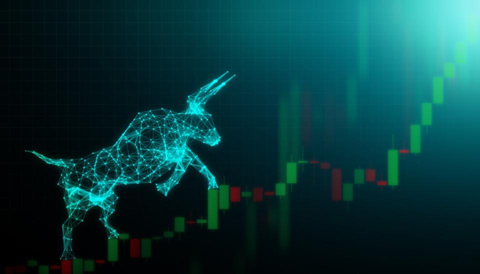 A digital looking bull silhouette climbs a candlestick chart.