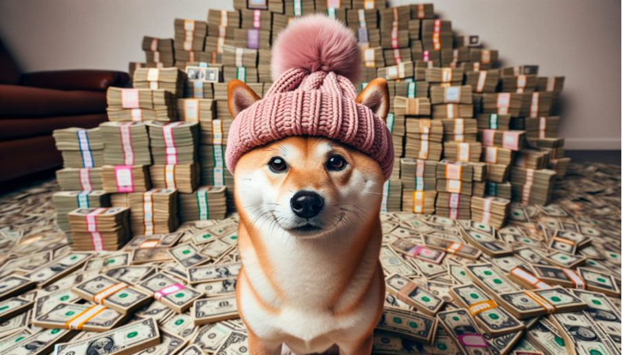 A dog with a hat on with money stash in the background